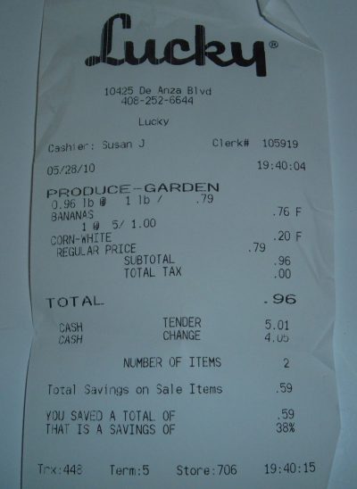 bananas and corn receipt