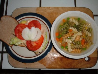 chicken sandwich and pasta soup lunch