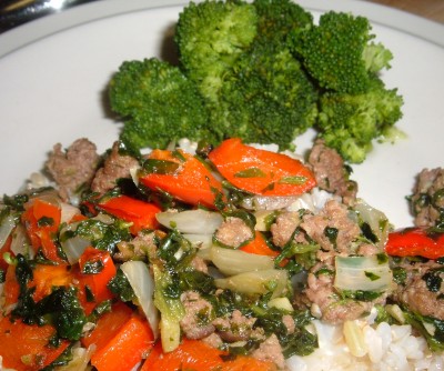 spinach beef rice with broccoli