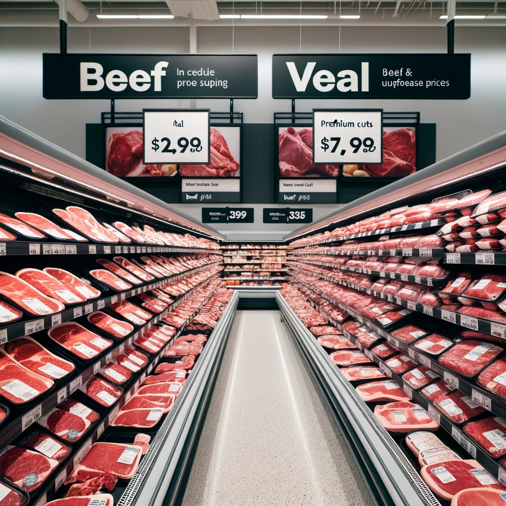 DALL·E 20240218 11.20.01 Beef and veal sections in a grocery store