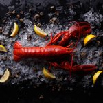 Red lobster with ice and lime,Top view of fresh Lobster