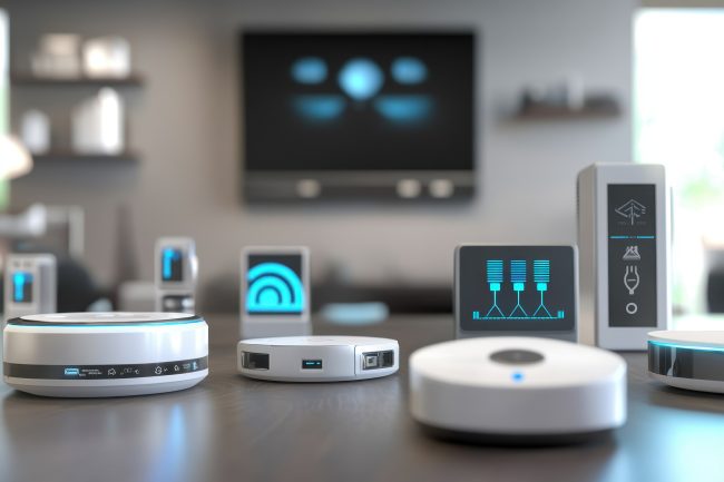 Smart home devices arranged on a wooden table in a modern living room setting with a TV smart upgrades