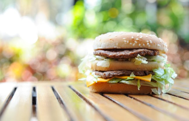Hamburger on table wood fast-food items