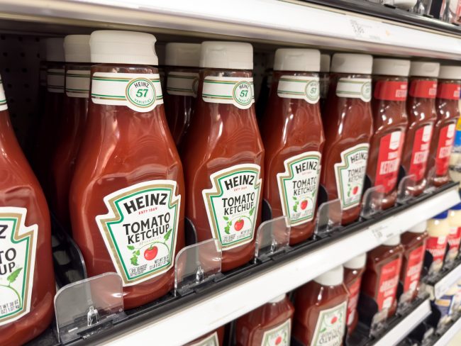 Heinz tomato ketchup at the supermarket store, manufactured by H.J. Heinz Company room temperature storage