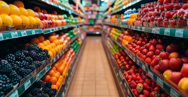 Grocery store, display cases with products – AI generated image spoiled substitutions