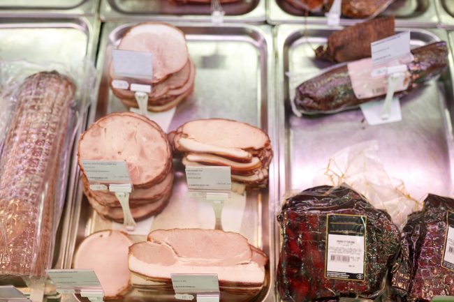 ham at grocery store stall delis