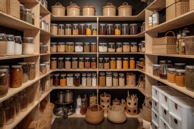 organized pantry with neatly arranged jars and cans storm pantry staples