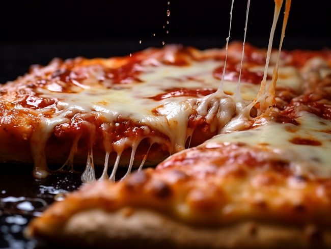 Close up hot baked slice of Italian Pizza with cheese worst store-bought frozen pizzas