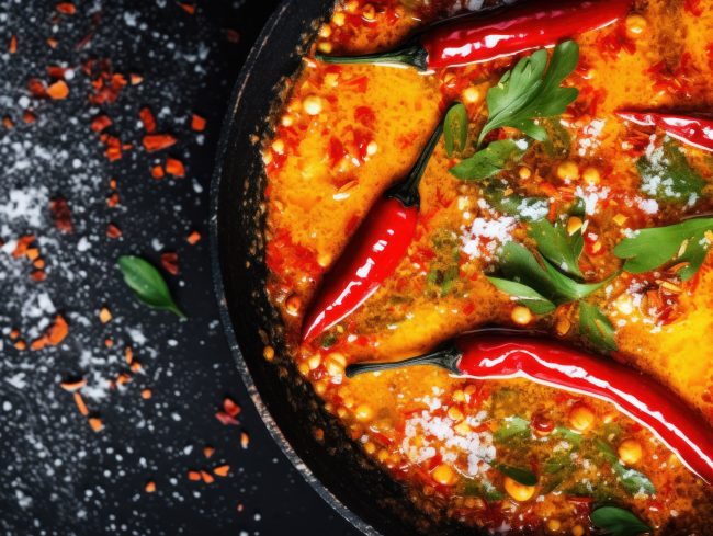 a bowl of food with red peppers and herbs quietly gotten spicier