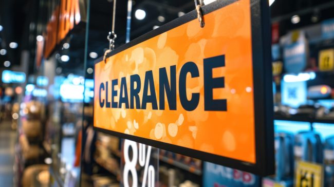 A sign hanging in a store that says “clearance”, AI clearance bins