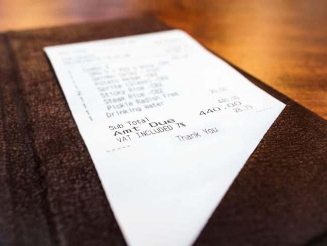 Receipt in folder Business Shopping concept restaurant policies