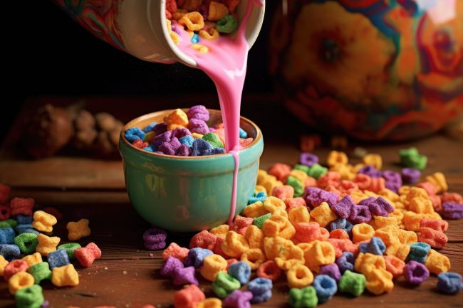 milk pouring onto colorful cereal from above 9 Products That Changed Color Without Explanation