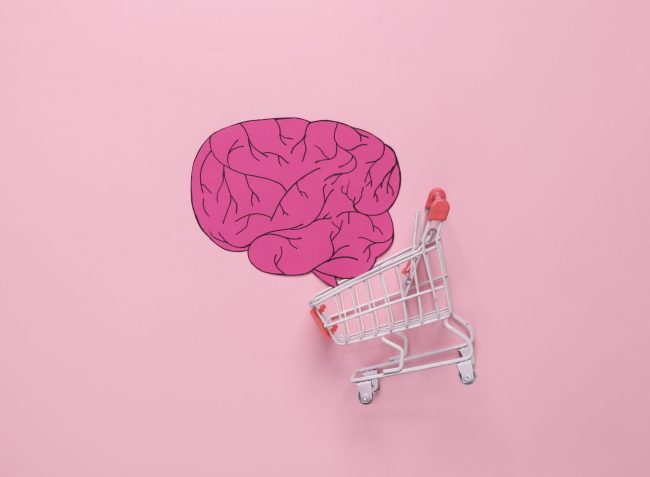 Acquisition of knowledge concept. Shopping cart with paper-cut brain on a pink background. Flat lay Store Psychology: How “Dead-End” Aisles Force You to Consider New Products