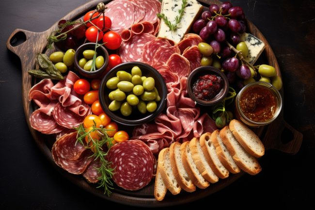 Assorted types of Italian salami and olives served as elegant snacks in a restaurant suitable as an appetizer for aperitifs or in a salami sandwich Aldi charcuterie board