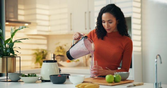 Woman,,Smoothie,Or,Blender,With,Diet,In,Kitchen,For,Health, breakfast drinks