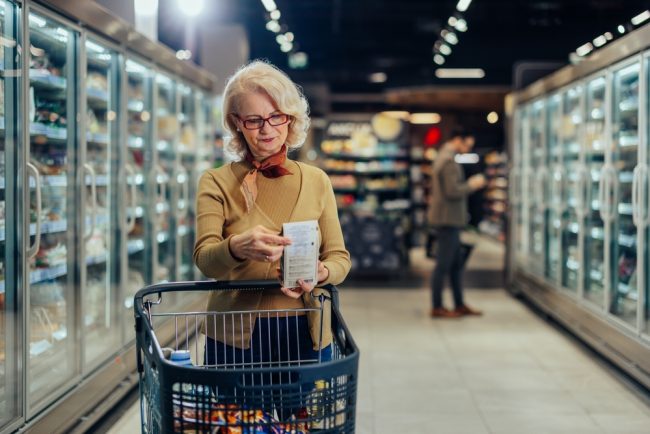 Senior,Woman,In,Her,Shopping,In,A,Grocery,Store,,Standing labels